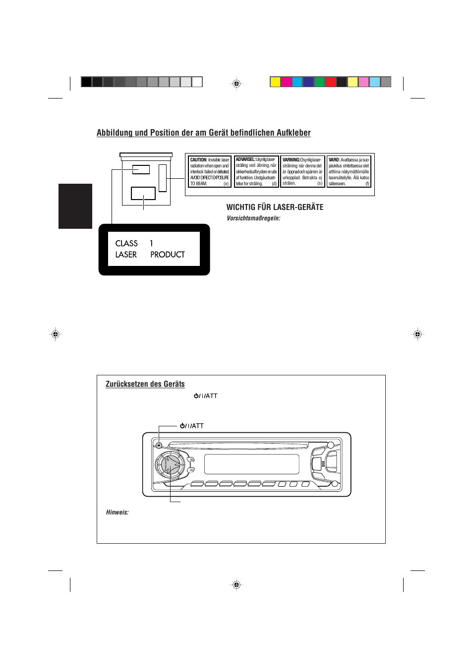 Zurucksetzen des gerats, Deutsch, Wichtig für laser-geräte | Zurücksetzen des geräts | JVC KD-S733R User Manual | Page 28 / 106