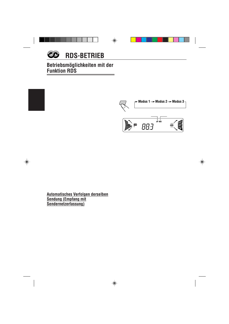 Rds-betrieb, Betriebsmoglichkeiten mit der funktion rds, Betriebsmöglichkeiten mit der funktion rds | JVC KD-S733R User Manual | Page 36 / 106