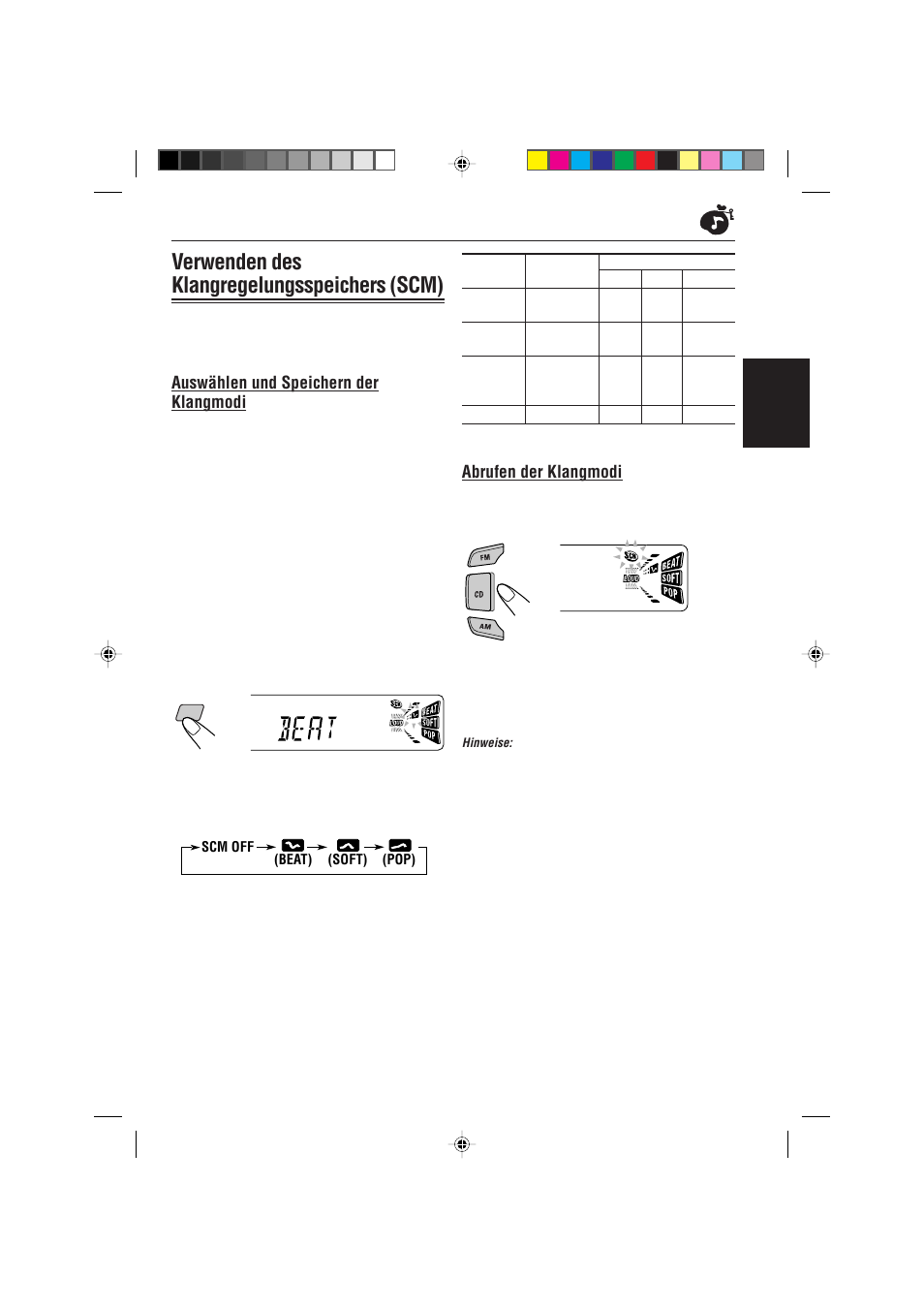 Verwenden des klangregelungsspeichers (scm), Abrufen der klangmodi, Auswählen und speichern der klangmodi | Deutsch | JVC KD-S733R User Manual | Page 45 / 106