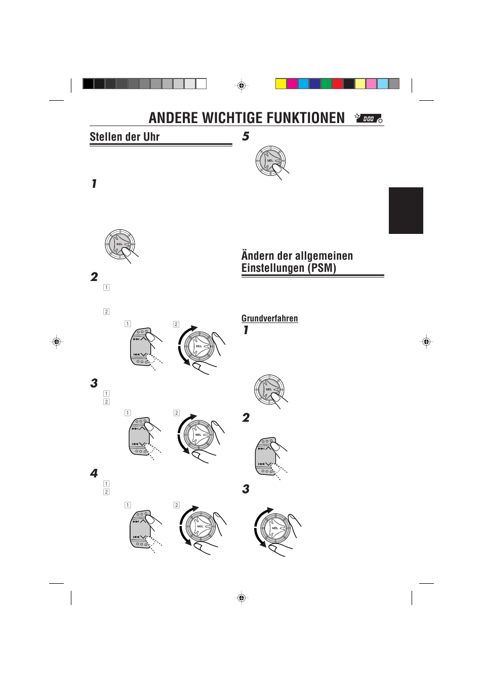 Andere wichtige funktionen, Stellen der uhr, Andern der allgemeinen einstellungen (psm) | Ändern der allgemeinen einstellungen (psm) | JVC KD-S733R User Manual | Page 47 / 106