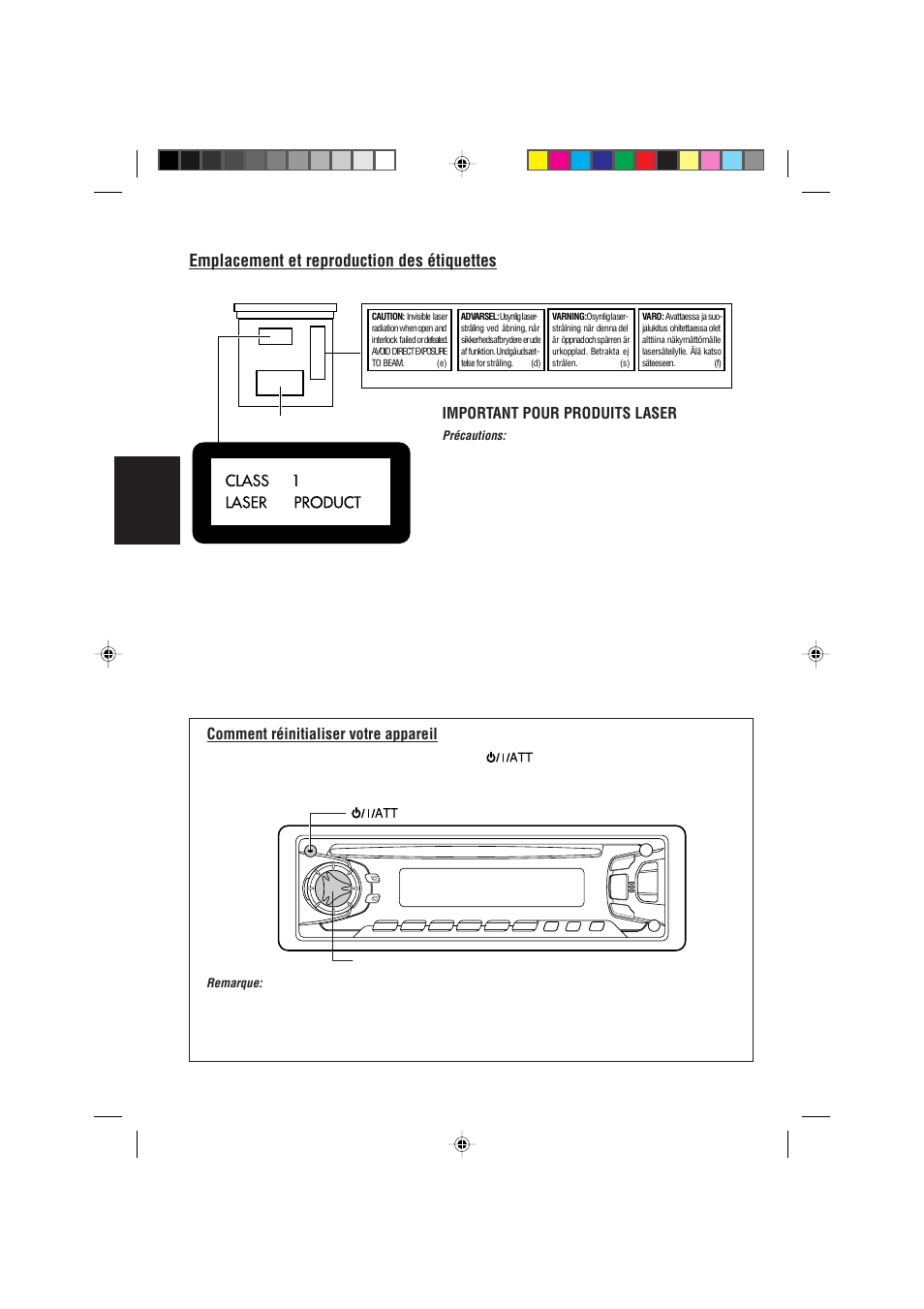 Comment reinitialiser votre appareil, Emplacement et reproduction des étiquettes, Français | Important pour produits laser, Comment réinitialiser votre appareil | JVC KD-S733R User Manual | Page 54 / 106