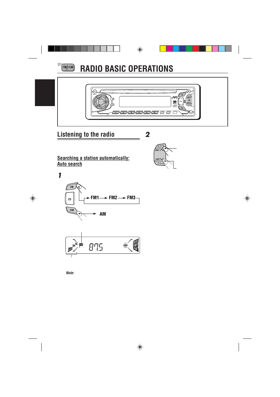 Radio basic operations, Listening to the radio, Searching a station automatically: auto search | English, Am fm1 fm2 fm3 | JVC KD-S733R User Manual | Page 6 / 106