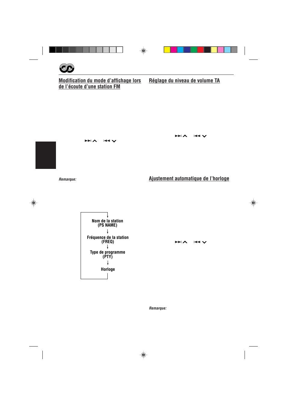 Réglage du niveau de volume ta, Ajustement automatique de l’horloge | JVC KD-S733R User Manual | Page 66 / 106