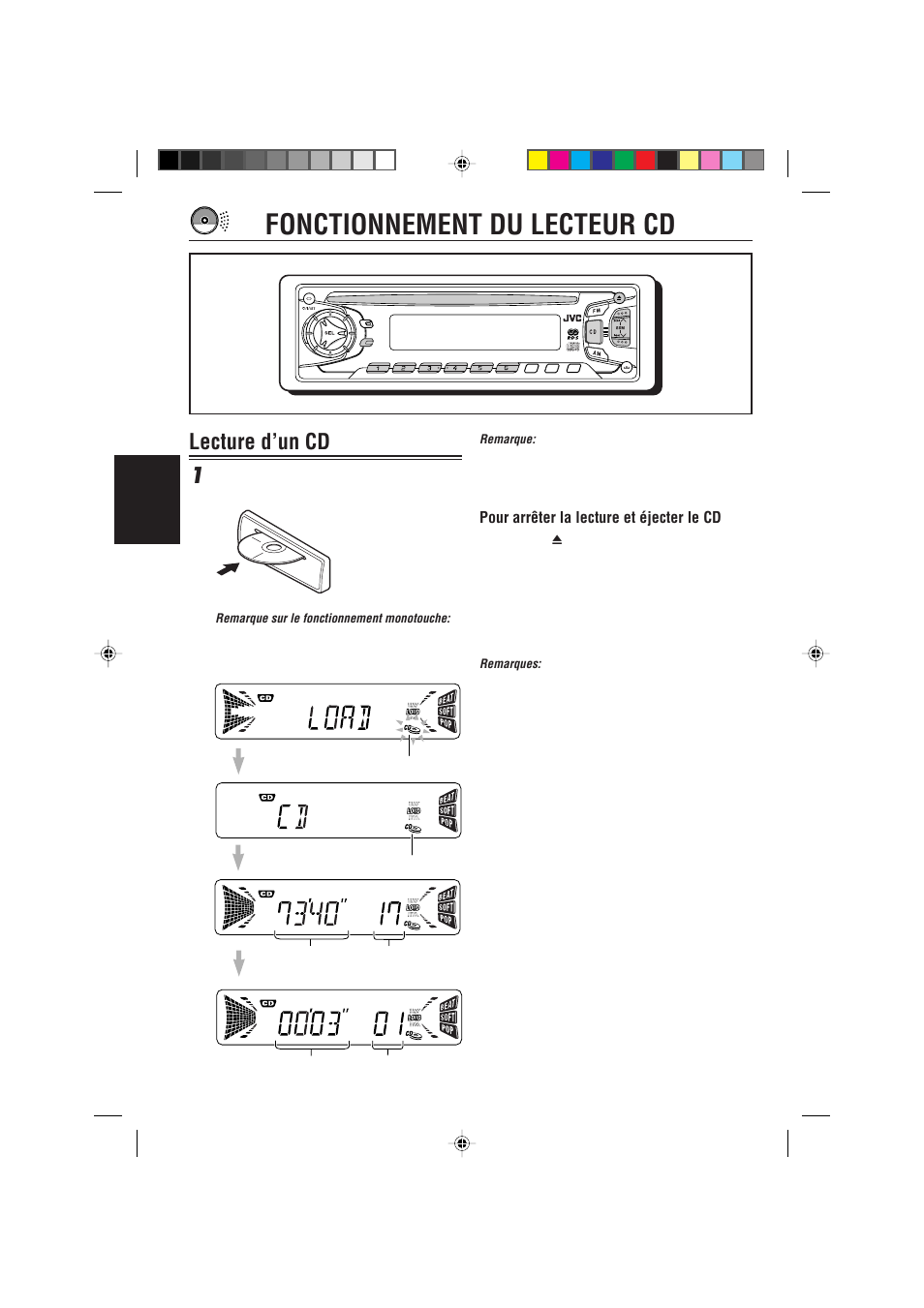 Fonctionnement du lecteur cd, Lecture d’un cd, Lecture d’un cd 1 | Français, Pour arrêter la lecture et éjecter le cd, Insérez un disque dans la fente de d’insertion | JVC KD-S733R User Manual | Page 68 / 106