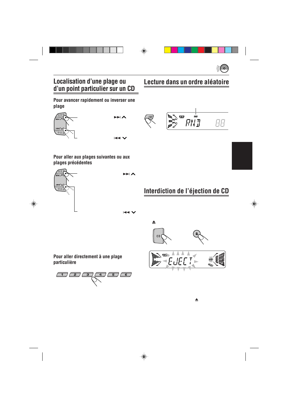 Interdiction de l’ejection de cd, Interdiction de l’éjection de cd, Lecture dans un ordre aléatoire | Français | JVC KD-S733R User Manual | Page 69 / 106