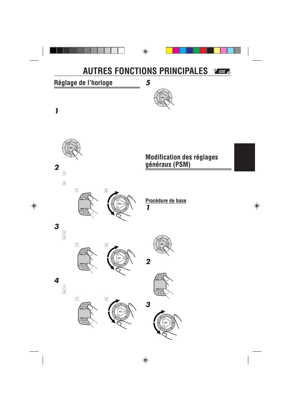 Autres fonctions principales, Reglage de l’horloge, Modification des reglages generaux (psm) | Réglage de l’horloge, Modification des réglages généraux (psm) | JVC KD-S733R User Manual | Page 73 / 106