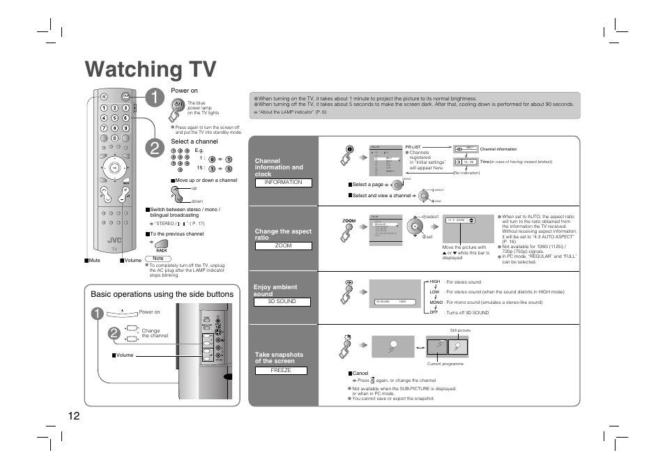 Watching tv, Basic operations using the side buttons | JVC DynaPix HD-56ZR7J User Manual | Page 14 / 24