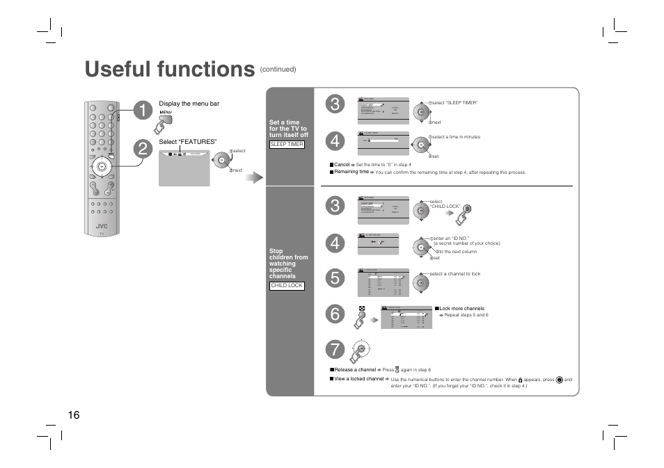 Useful functions, Continued), Set a time for the tv to turn itself off | Stop children from watching specifi c channels, Display the menu bar select “features | JVC DynaPix HD-56ZR7J User Manual | Page 18 / 24