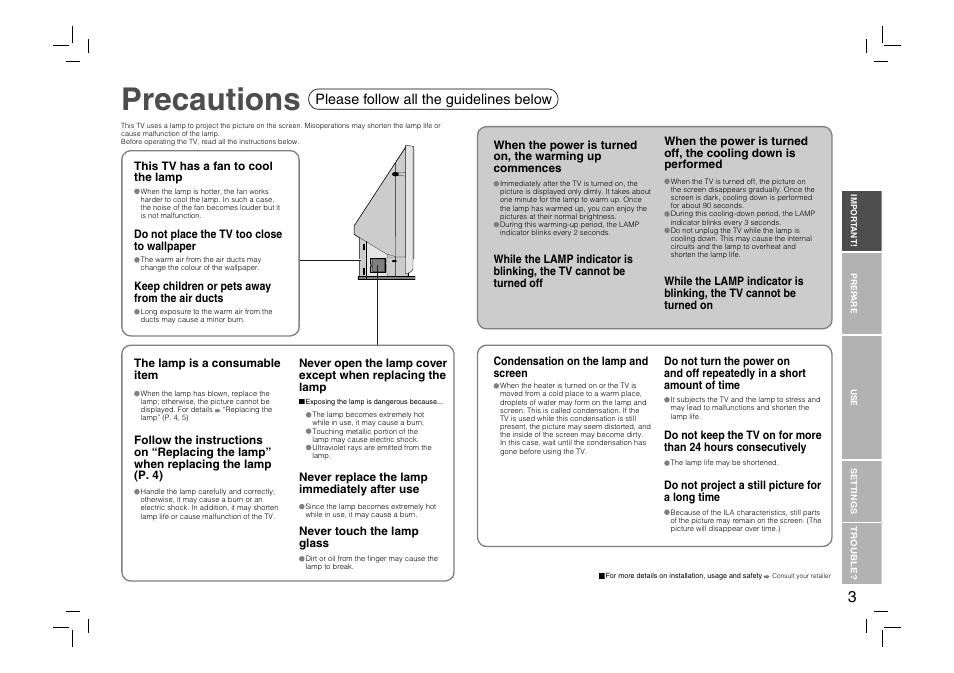 Precautions, Please follow all the guidelines below | JVC DynaPix HD-56ZR7J User Manual | Page 5 / 24