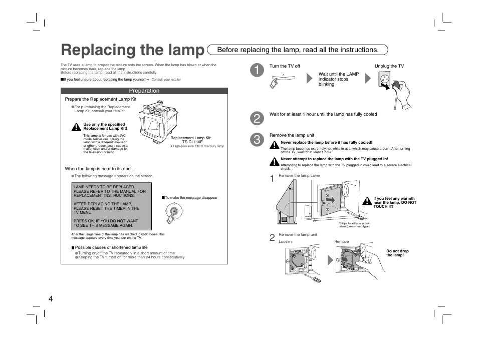 Replacing the lamp | JVC DynaPix HD-56ZR7J User Manual | Page 6 / 24