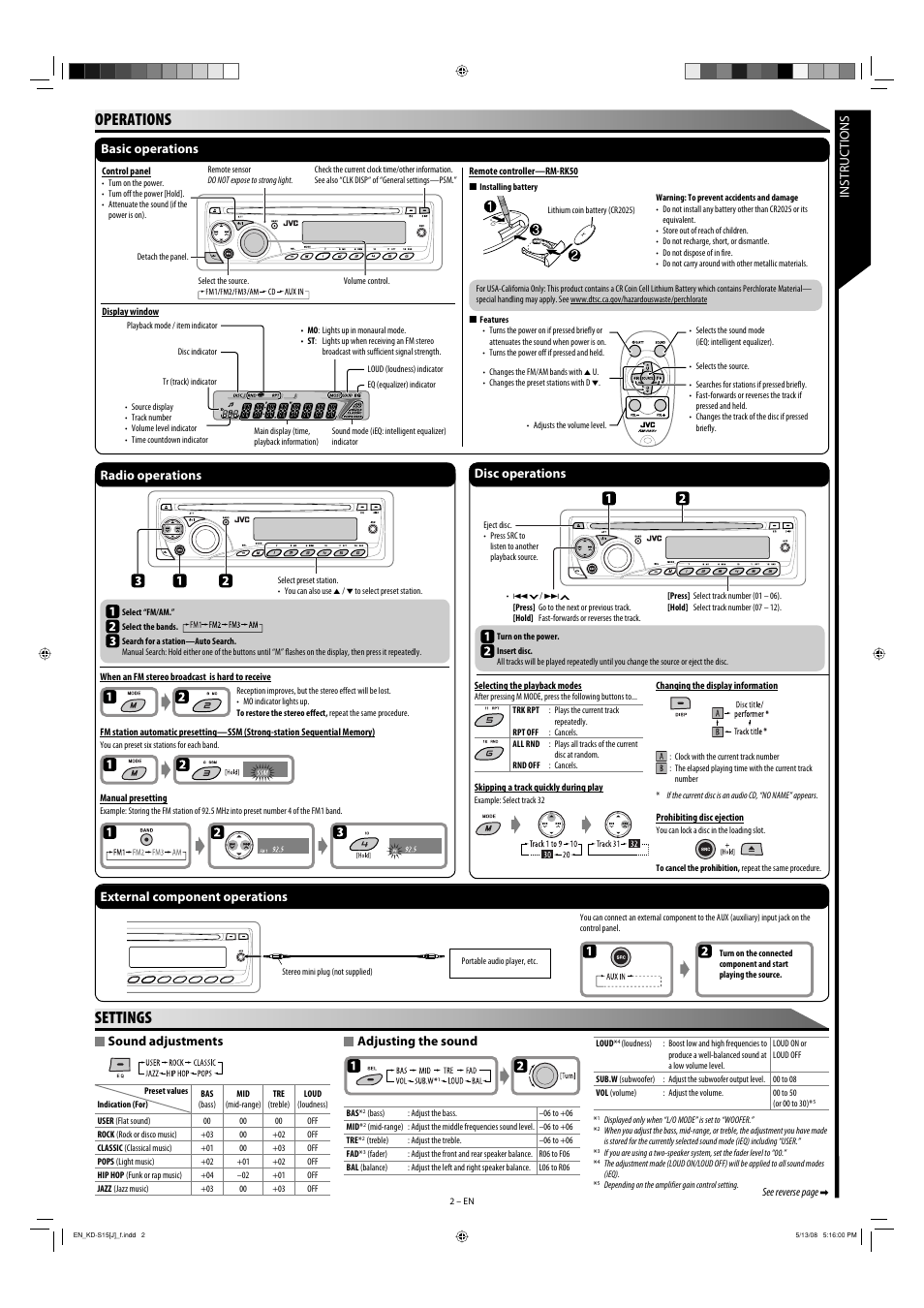 Operations, Settings, Instructions sound adjustments | Adjusting the sound, Basic operations, Radio operations, External component operations, Disc operations | JVC GET0561-001A User Manual | Page 2 / 4