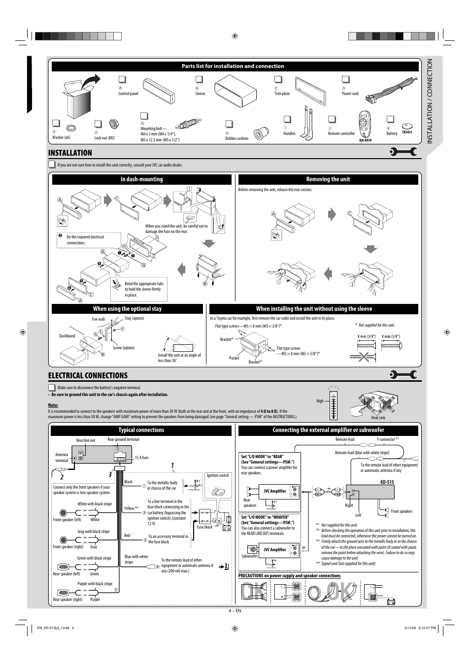 Electrical connections, Installation, Removing the unit in dash-mounting | When installing the unit without using the sleeve | JVC GET0561-001A User Manual | Page 4 / 4