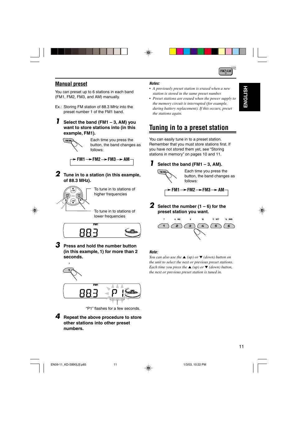 Tuning in to a preset station | JVC KD-S890 User Manual | Page 11 / 34