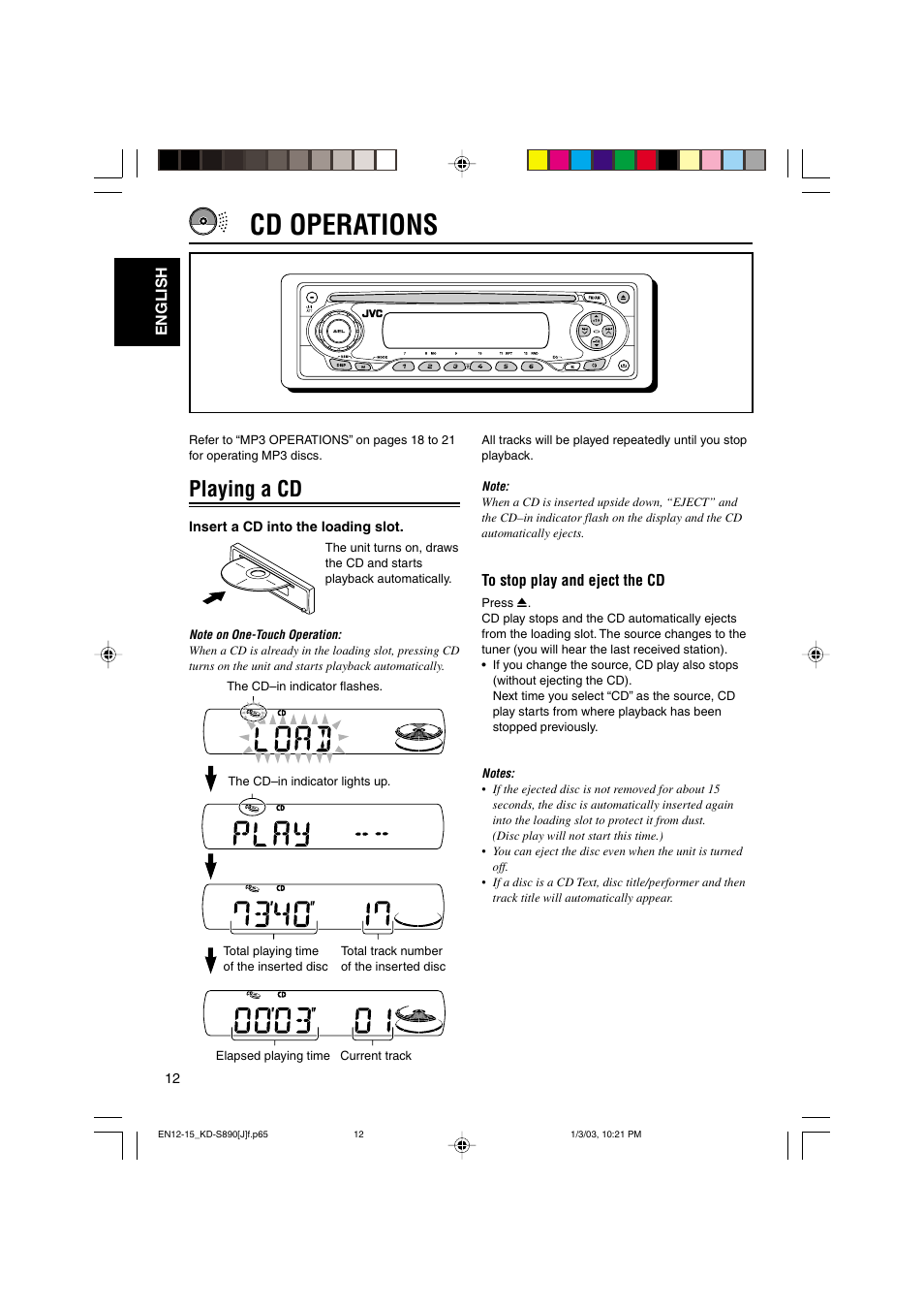 Cd operations, Playing a cd | JVC KD-S890 User Manual | Page 12 / 34