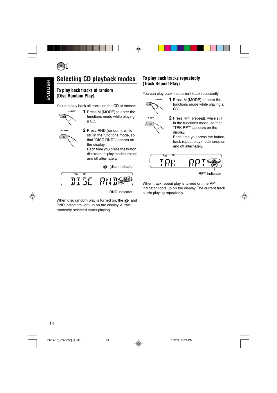 Selecting cd playback modes | JVC KD-S890 User Manual | Page 14 / 34