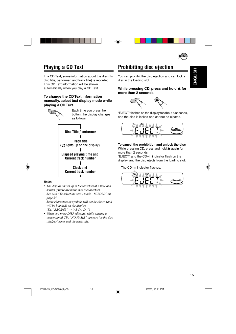 Playing a cd text, Prohibiting disc ejection | JVC KD-S890 User Manual | Page 15 / 34