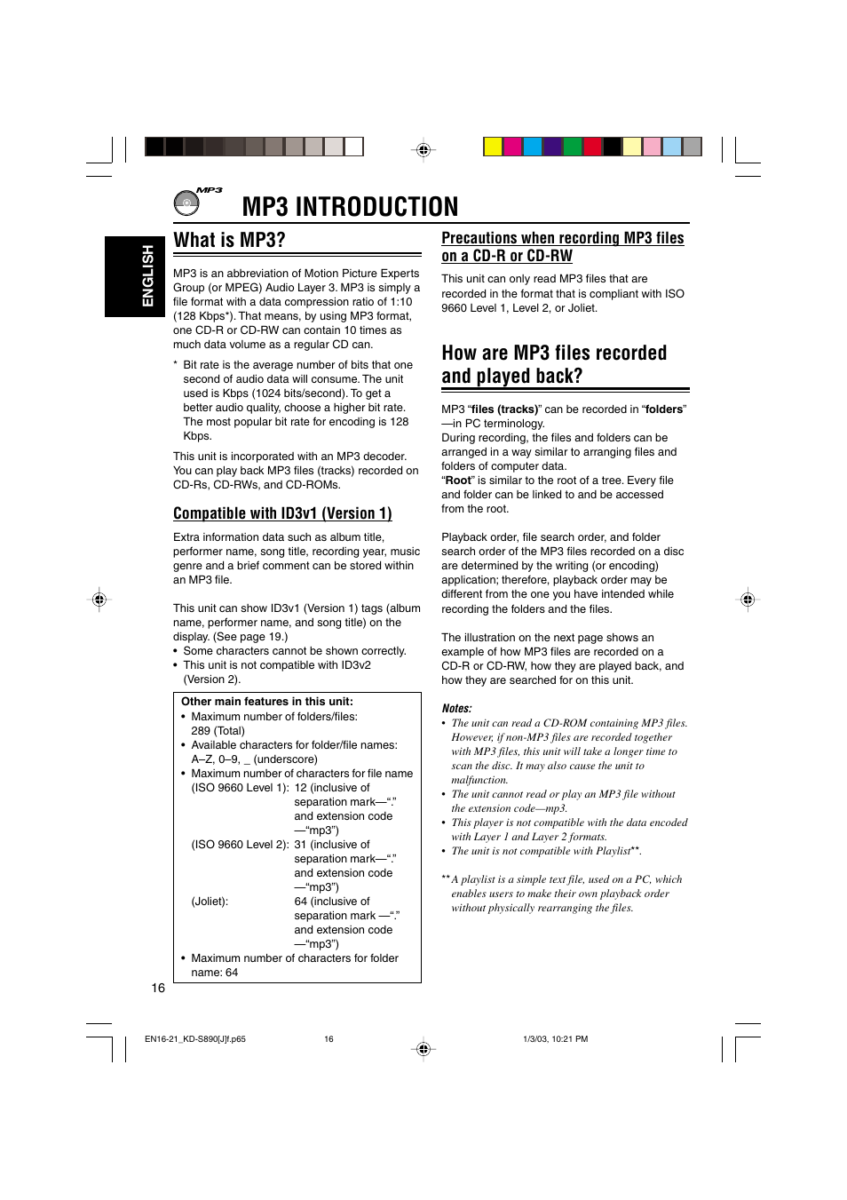 Mp3 introduction, How are mp3 files recorded and played back, What is mp3 | Compatible with id3v1 (version 1) | JVC KD-S890 User Manual | Page 16 / 34