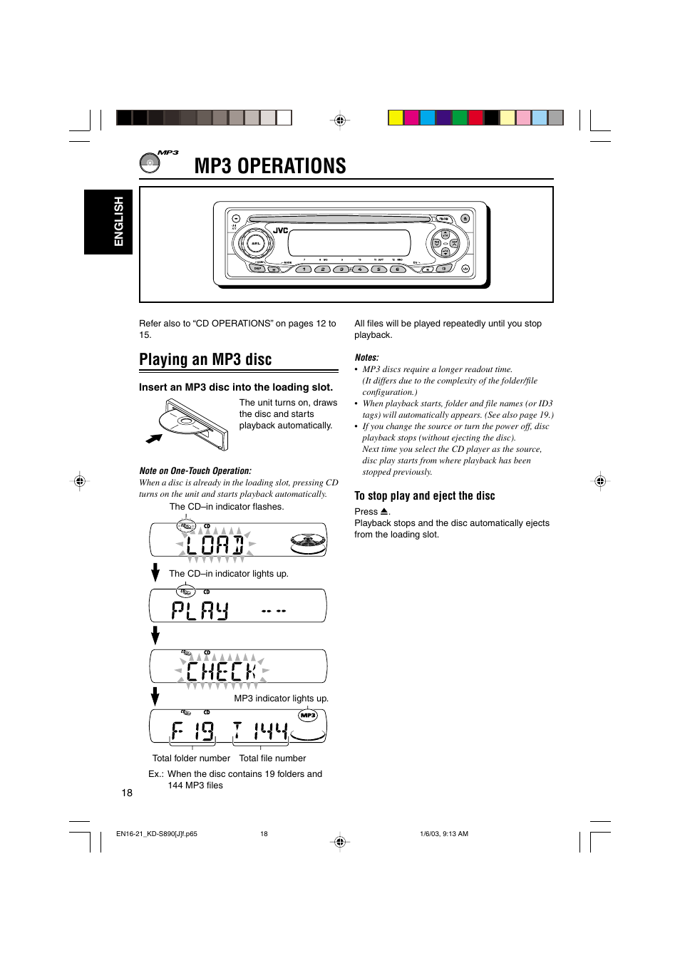 Mp3 operations, Playing an mp3 disc | JVC KD-S890 User Manual | Page 18 / 34