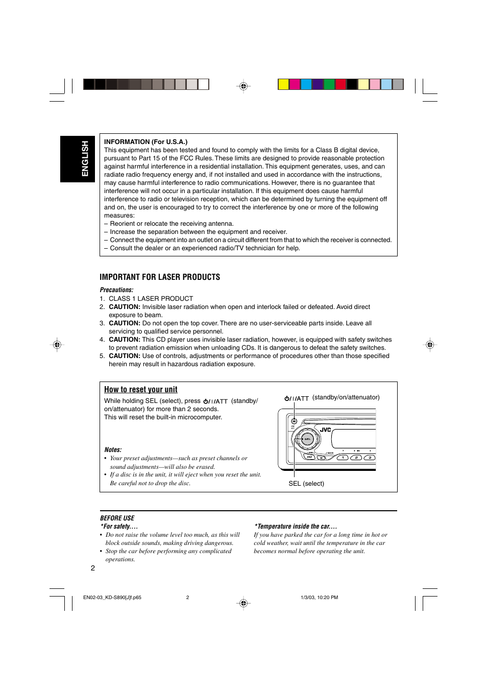 Information (for u.s.a.), Important for laser products, How to reset your unit | English | JVC KD-S890 User Manual | Page 2 / 34