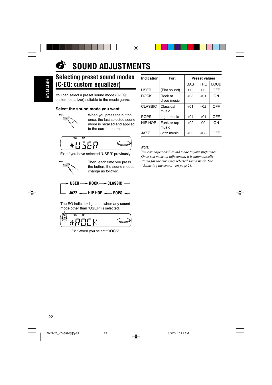 Sound adjustments | JVC KD-S890 User Manual | Page 22 / 34