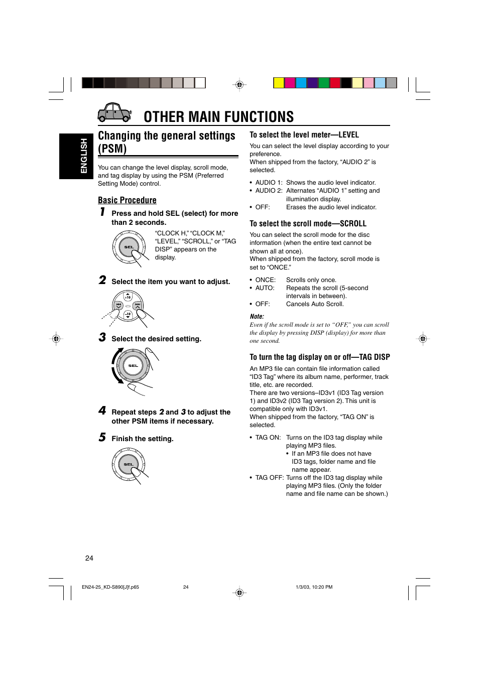 Other main functions, Changing the general settings (psm) | JVC KD-S890 User Manual | Page 24 / 34