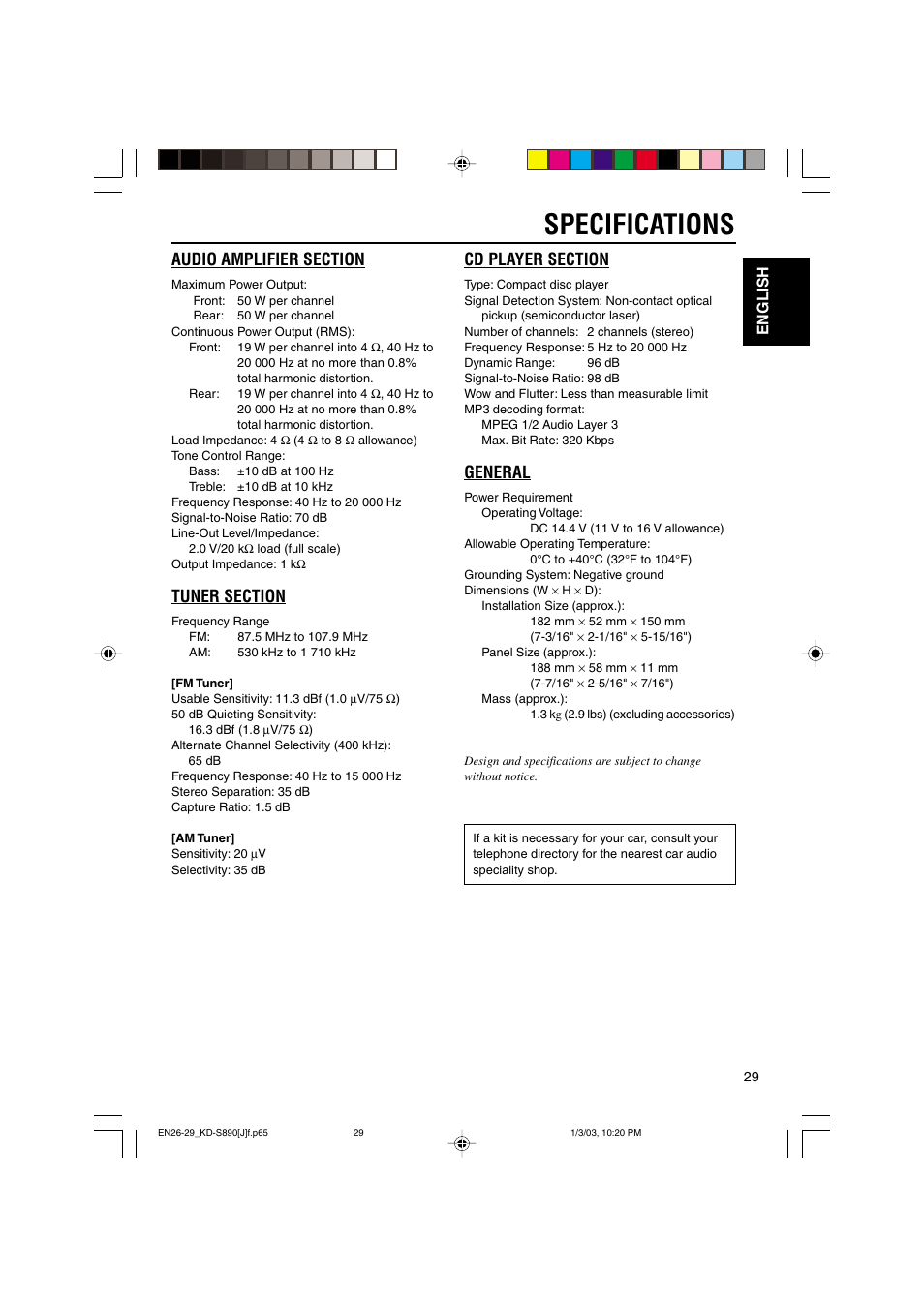 Specifications, General, English | JVC KD-S890 User Manual | Page 29 / 34