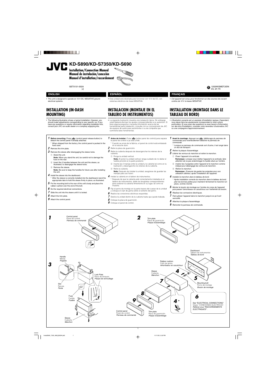 Installation/connection manual, Installation (in-dash mounting), Installation (montage dans le tableau de bord) | JVC KD-S890 User Manual | Page 31 / 34