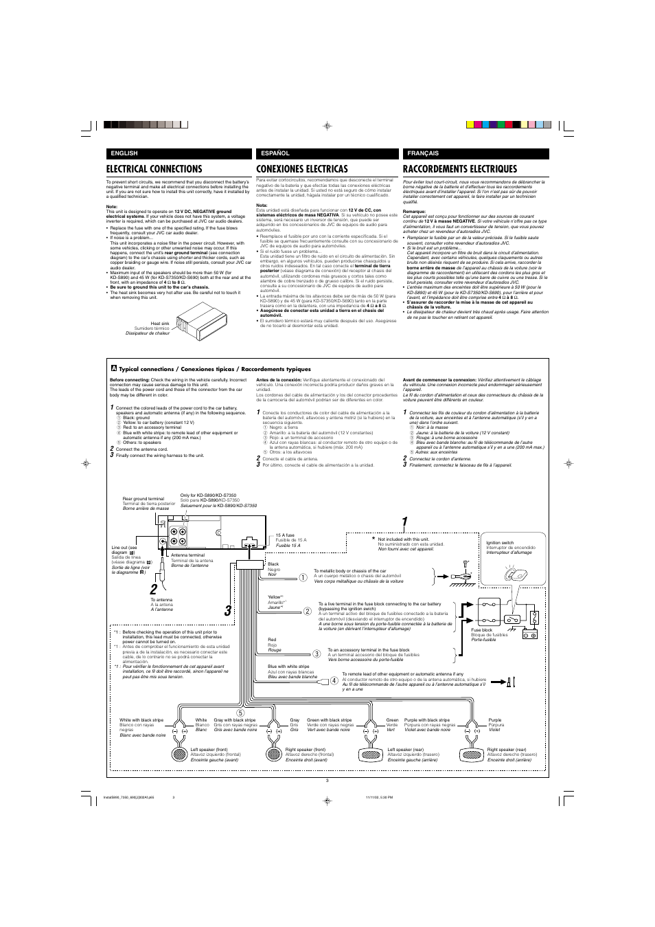 Electrical connections, Conexiones electricas, Raccordements electriques | JVC KD-S890 User Manual | Page 33 / 34