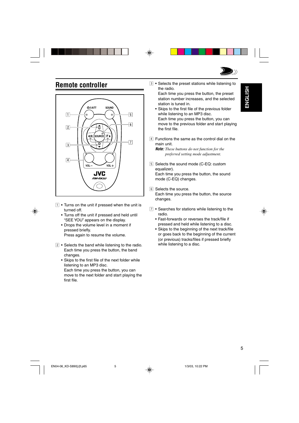 Remote controller, English | JVC KD-S890 User Manual | Page 5 / 34