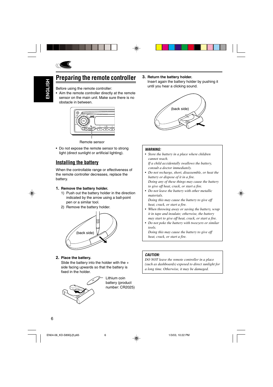 Preparing the remote controller, Installing the battery, English | JVC KD-S890 User Manual | Page 6 / 34