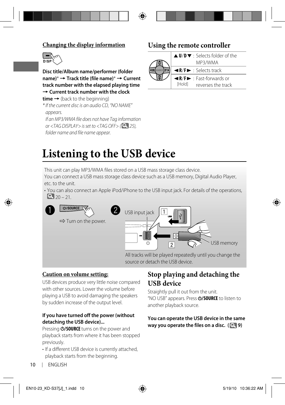 Listening to the usb device, Using the remote controller, Stop playing and detaching the usb device | JVC KD-S37 User Manual | Page 10 / 87