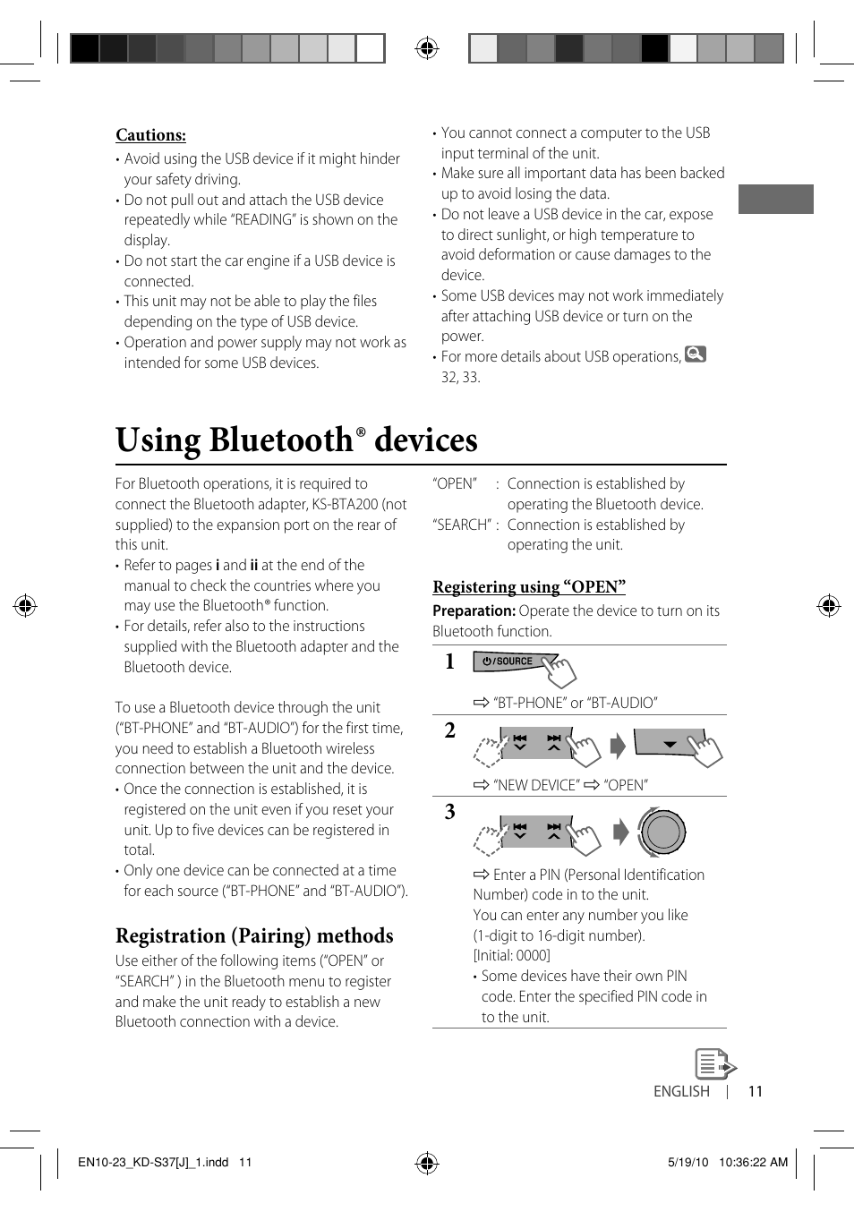 Using bluetooth ® devices, Registration (pairing) methods | JVC KD-S37 User Manual | Page 11 / 87