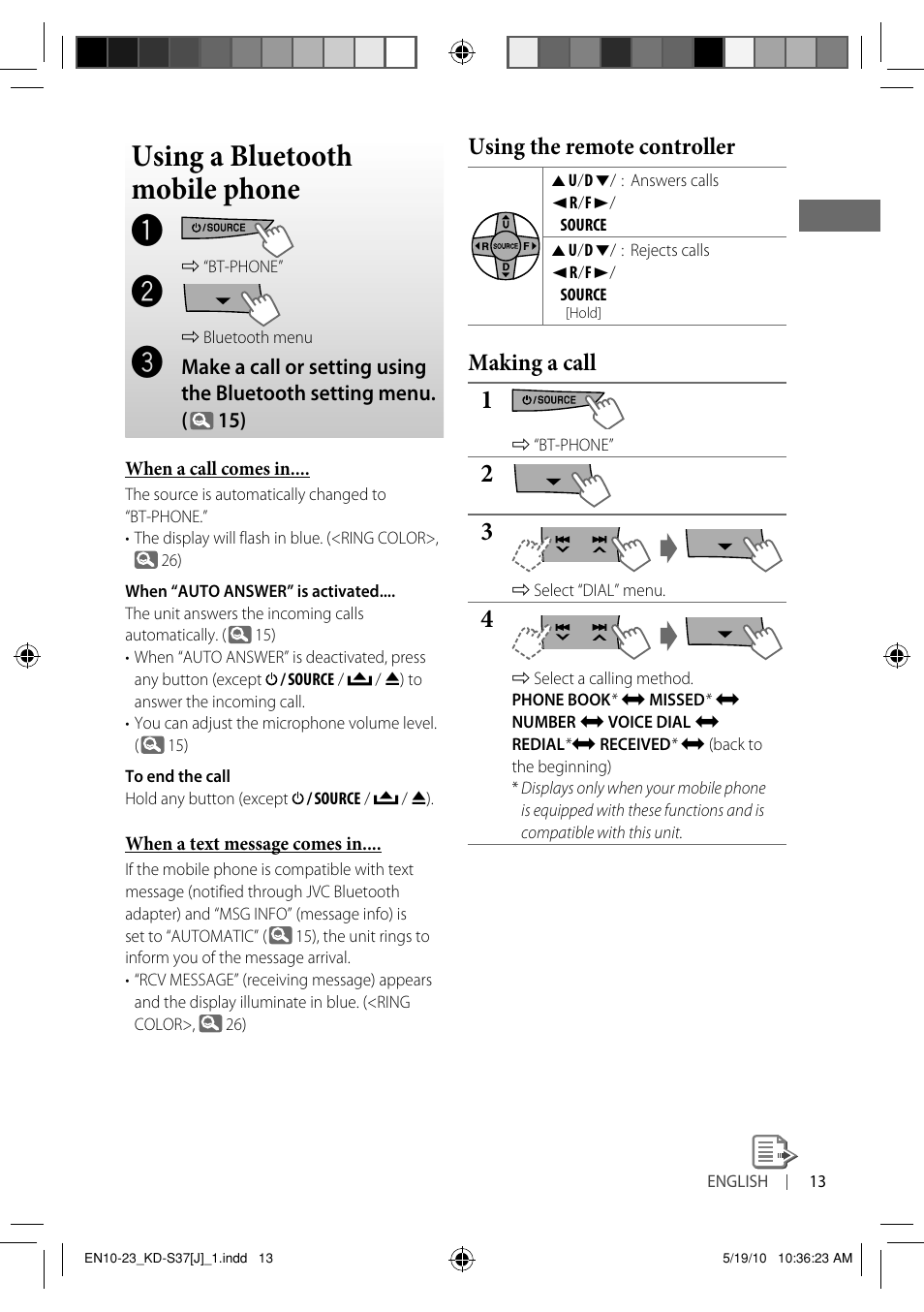 Using a bluetooth mobile phone, Using the remote controller, Making a call | JVC KD-S37 User Manual | Page 13 / 87