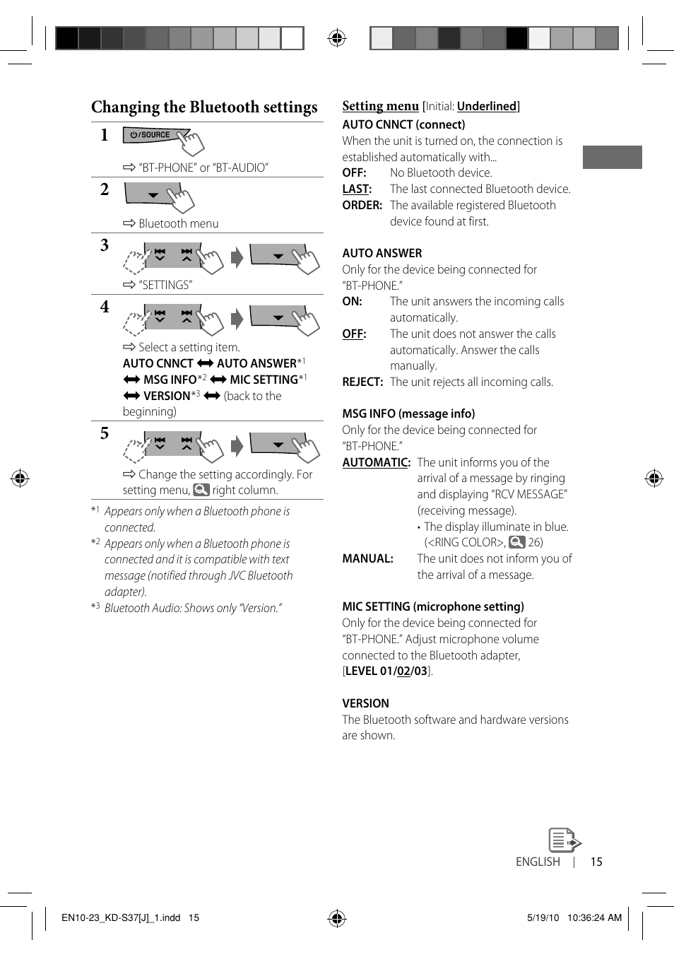 Changing the bluetooth settings | JVC KD-S37 User Manual | Page 15 / 87