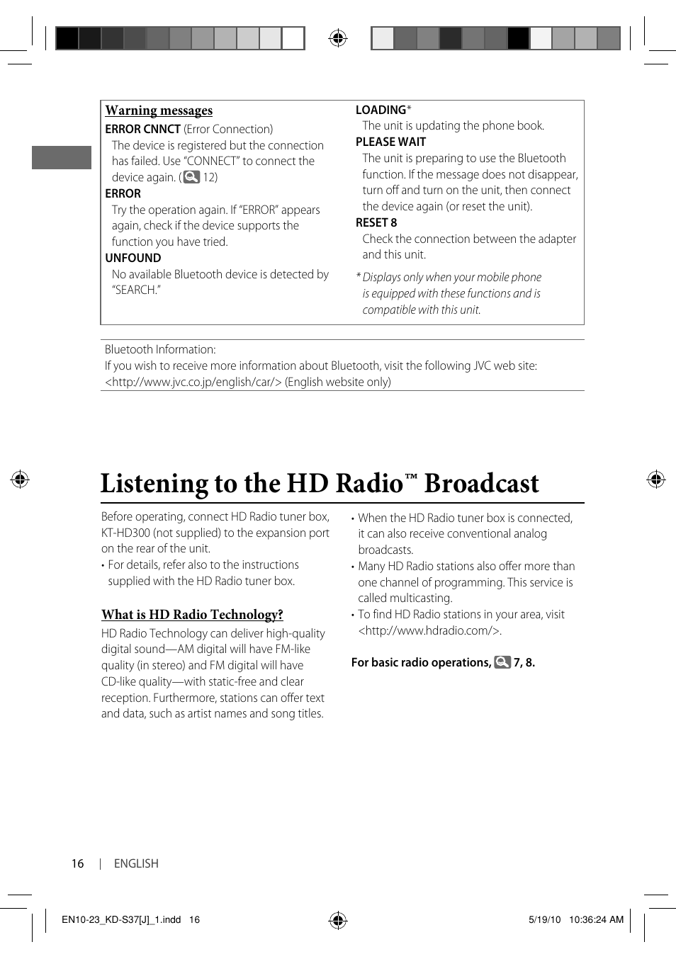 Listening to the hd radio ™ broadcast | JVC KD-S37 User Manual | Page 16 / 87
