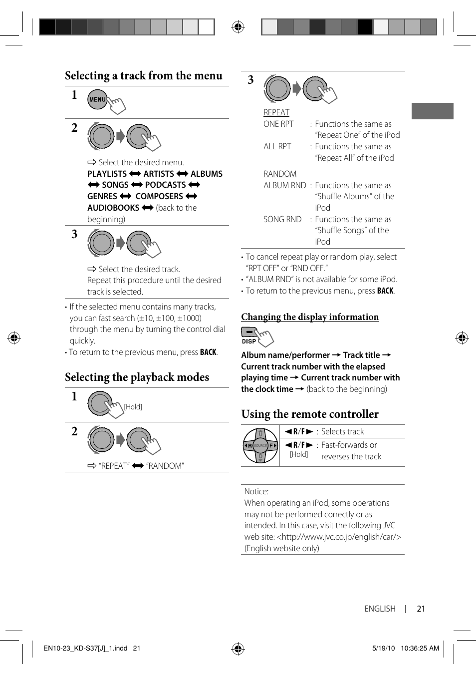 Selecting a track from the menu, Selecting the playback modes, Using the remote controller | JVC KD-S37 User Manual | Page 21 / 87