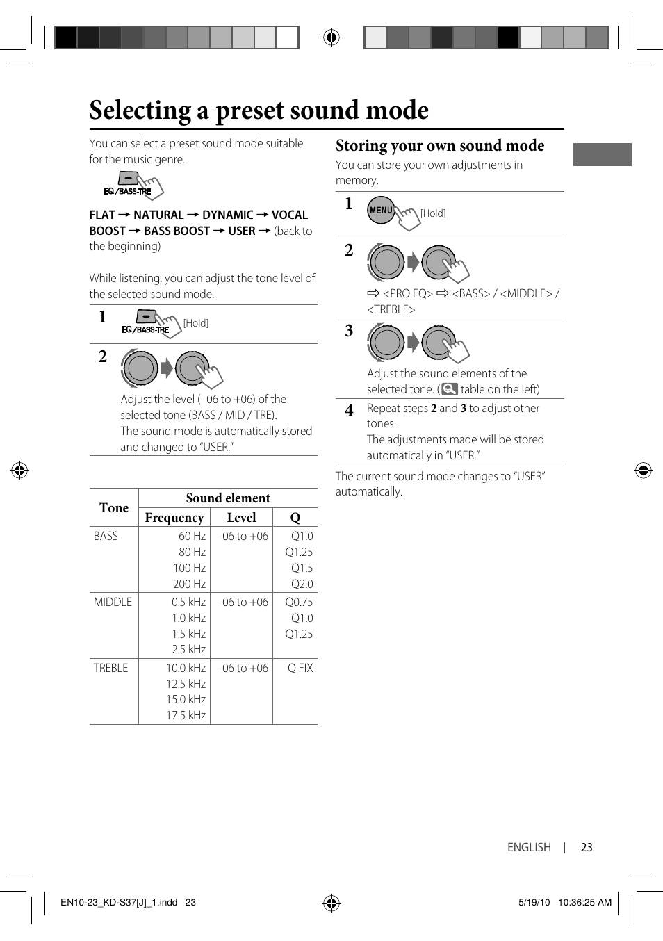 Selecting a preset sound mode, Storing your own sound mode | JVC KD-S37 User Manual | Page 23 / 87