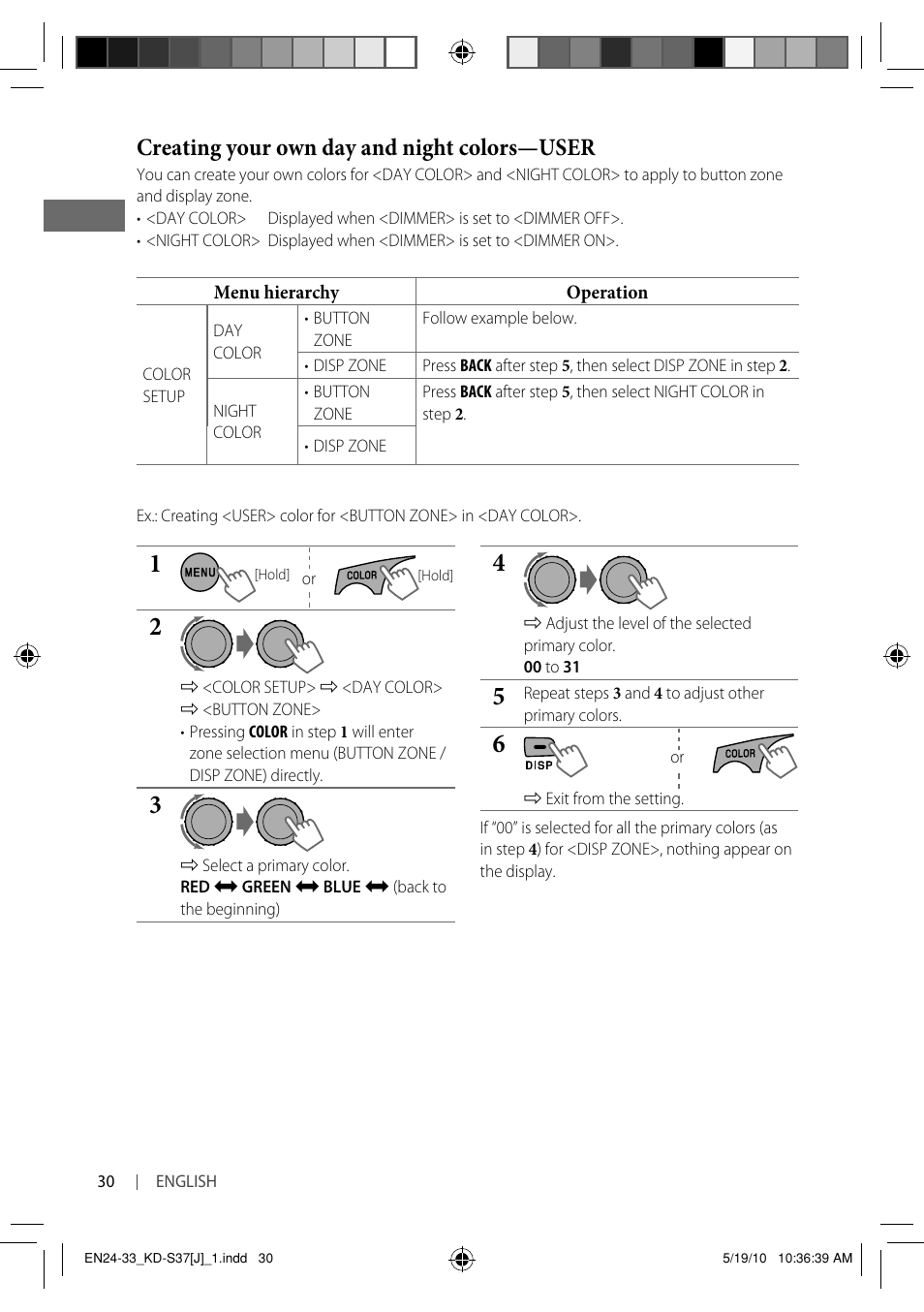 Creating your own day and night colors—user | JVC KD-S37 User Manual | Page 30 / 87