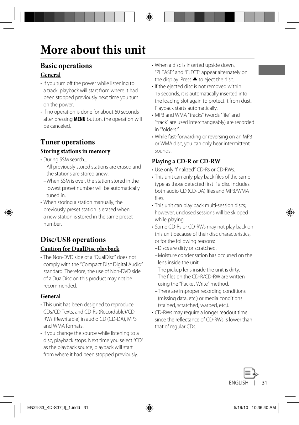 More about this unit, Basic operations, Tuner operations | Disc/usb operations | JVC KD-S37 User Manual | Page 31 / 87