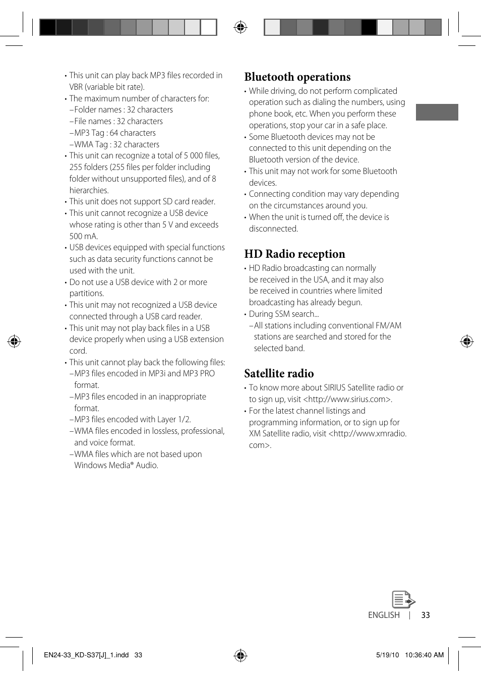 Bluetooth operations, Hd radio reception, Satellite radio | JVC KD-S37 User Manual | Page 33 / 87