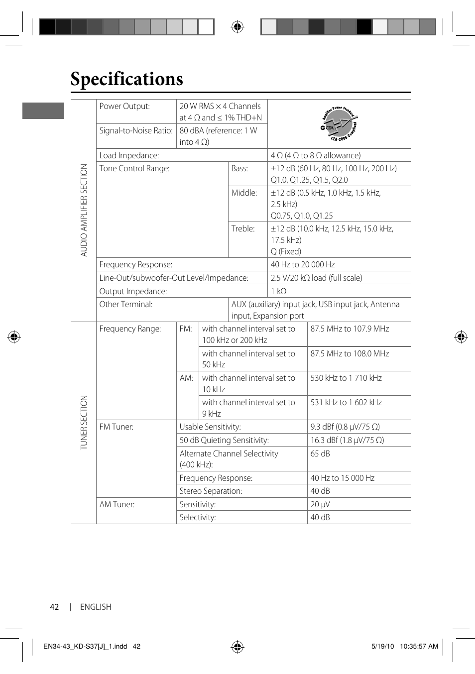 Specifications | JVC KD-S37 User Manual | Page 42 / 87