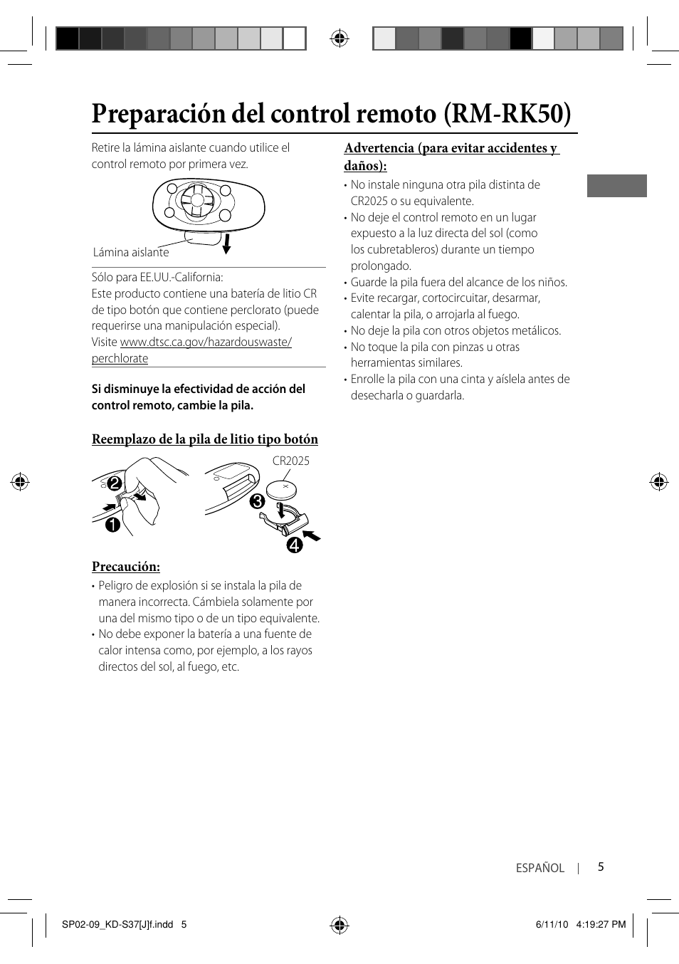 Preparación del control remoto (rm-rk50) | JVC KD-S37 User Manual | Page 47 / 87