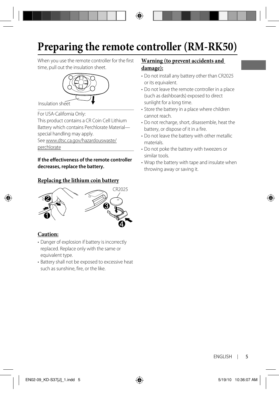 Preparing the remote controller (rm-rk50) | JVC KD-S37 User Manual | Page 5 / 87