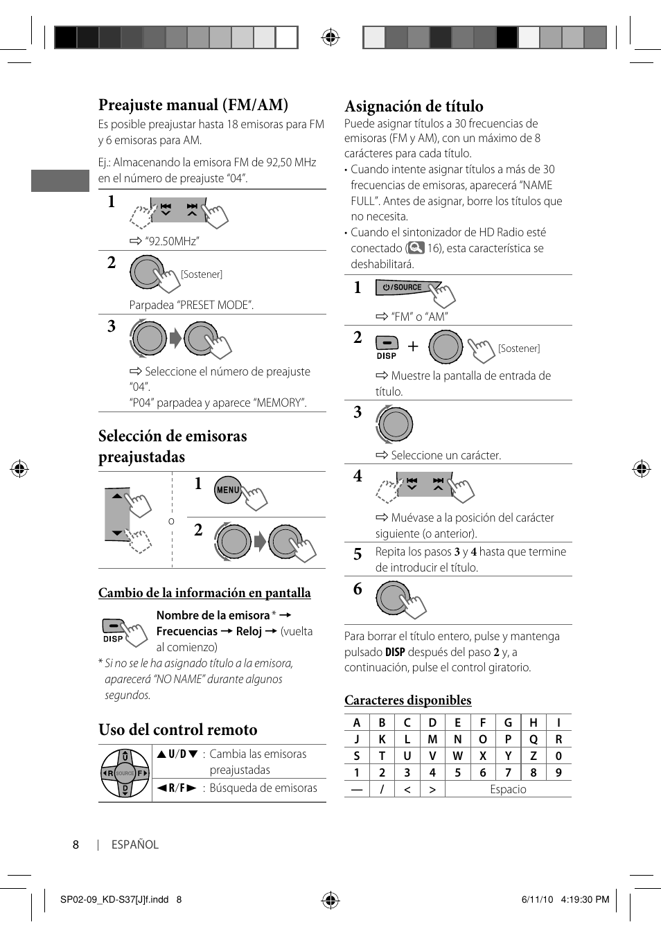 Preajuste manual (fm/am), Selección de emisoras preajustadas, Uso del control remoto | Asignación de título | JVC KD-S37 User Manual | Page 50 / 87