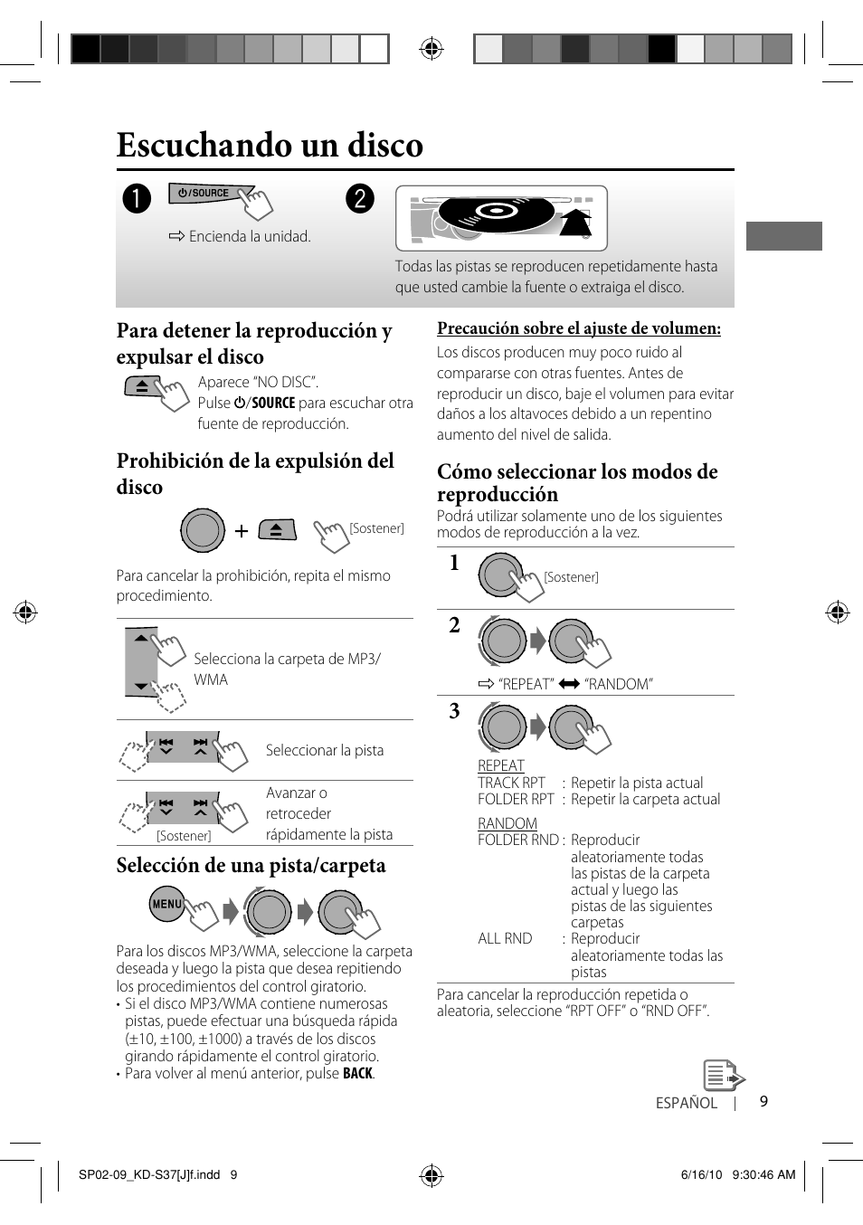 Escuchando un disco, Para detener la reproducción y expulsar el disco, Prohibición de la expulsión del disco | Selección de una pista/carpeta, Cómo seleccionar los modos de reproducción | JVC KD-S37 User Manual | Page 51 / 87