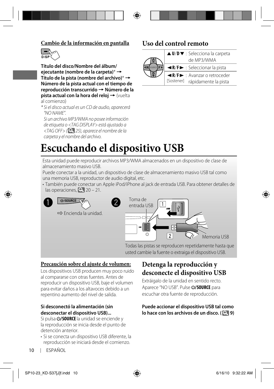 Escuchando el dispositivo usb, Uso del control remoto | JVC KD-S37 User Manual | Page 52 / 87