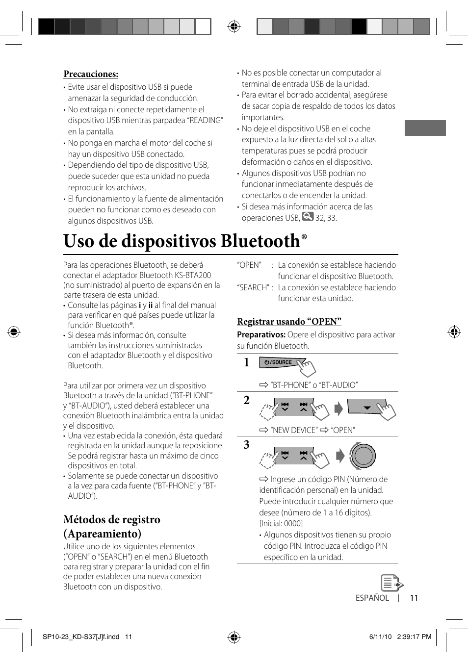 Uso de dispositivos bluetooth, Métodos de registro (apareamiento) | JVC KD-S37 User Manual | Page 53 / 87