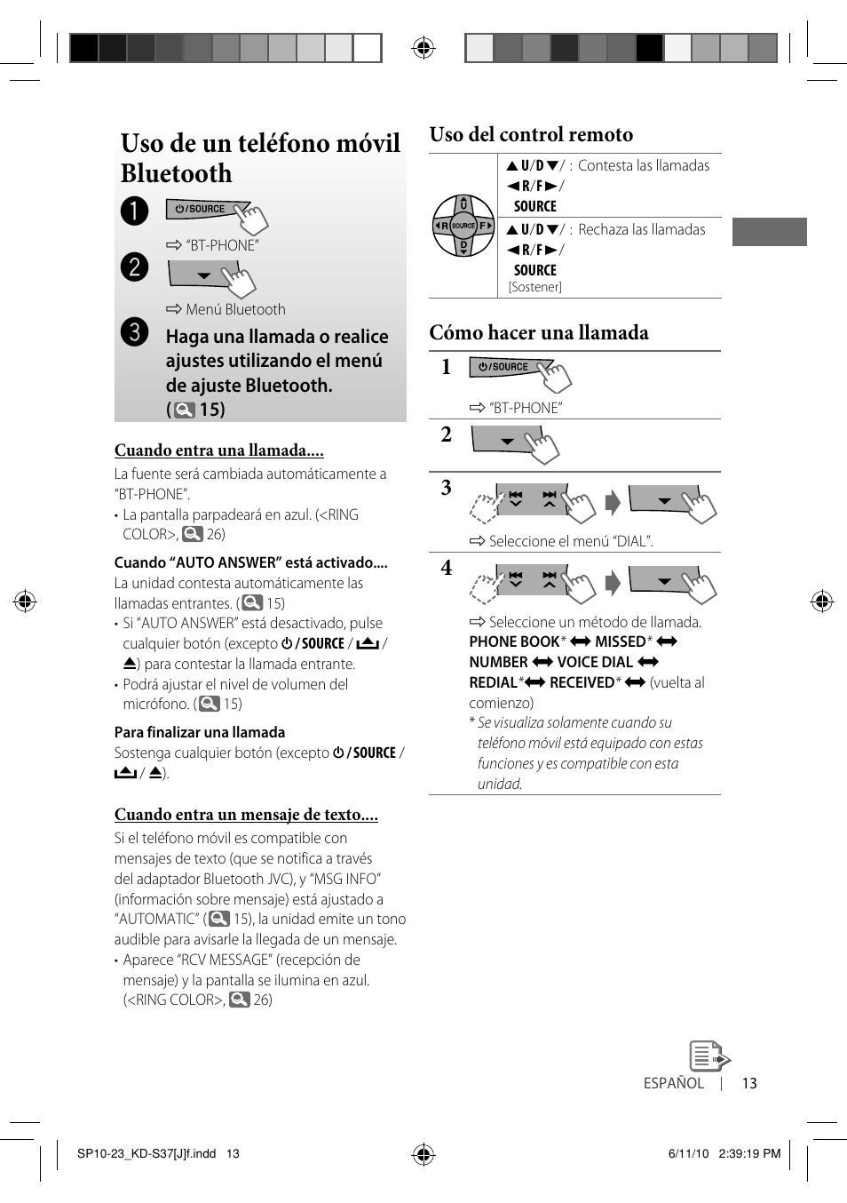 Uso de un teléfono móvil bluetooth, Uso del control remoto, Cómo hacer una llamada | JVC KD-S37 User Manual | Page 55 / 87