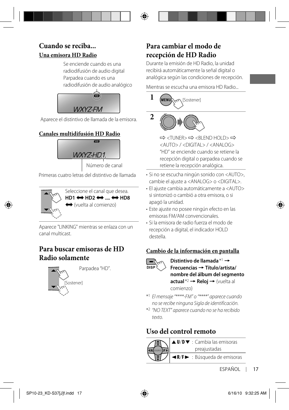 Cuando se reciba, Para buscar emisoras de hd radio solamente, Para cambiar el modo de recepción de hd radio | Uso del control remoto | JVC KD-S37 User Manual | Page 59 / 87