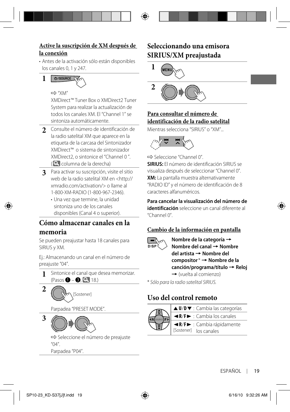 Seleccionando una emisora sirius/xm preajustada, Uso del control remoto | JVC KD-S37 User Manual | Page 61 / 87